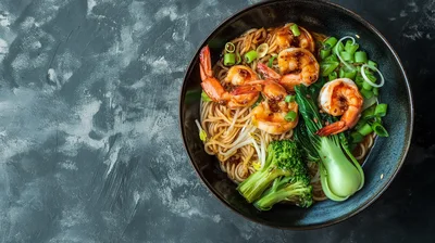 Bowl Of Shrimp Noodle Soup With Vegetables