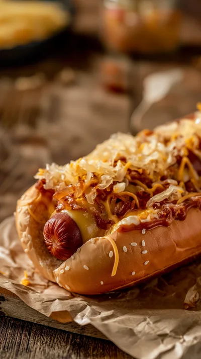 Gourmet Hot Dog With Sauerkraut And Melted Cheese