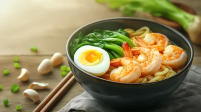 Bowl Of Shrimp Ramen With Egg And Vegetables