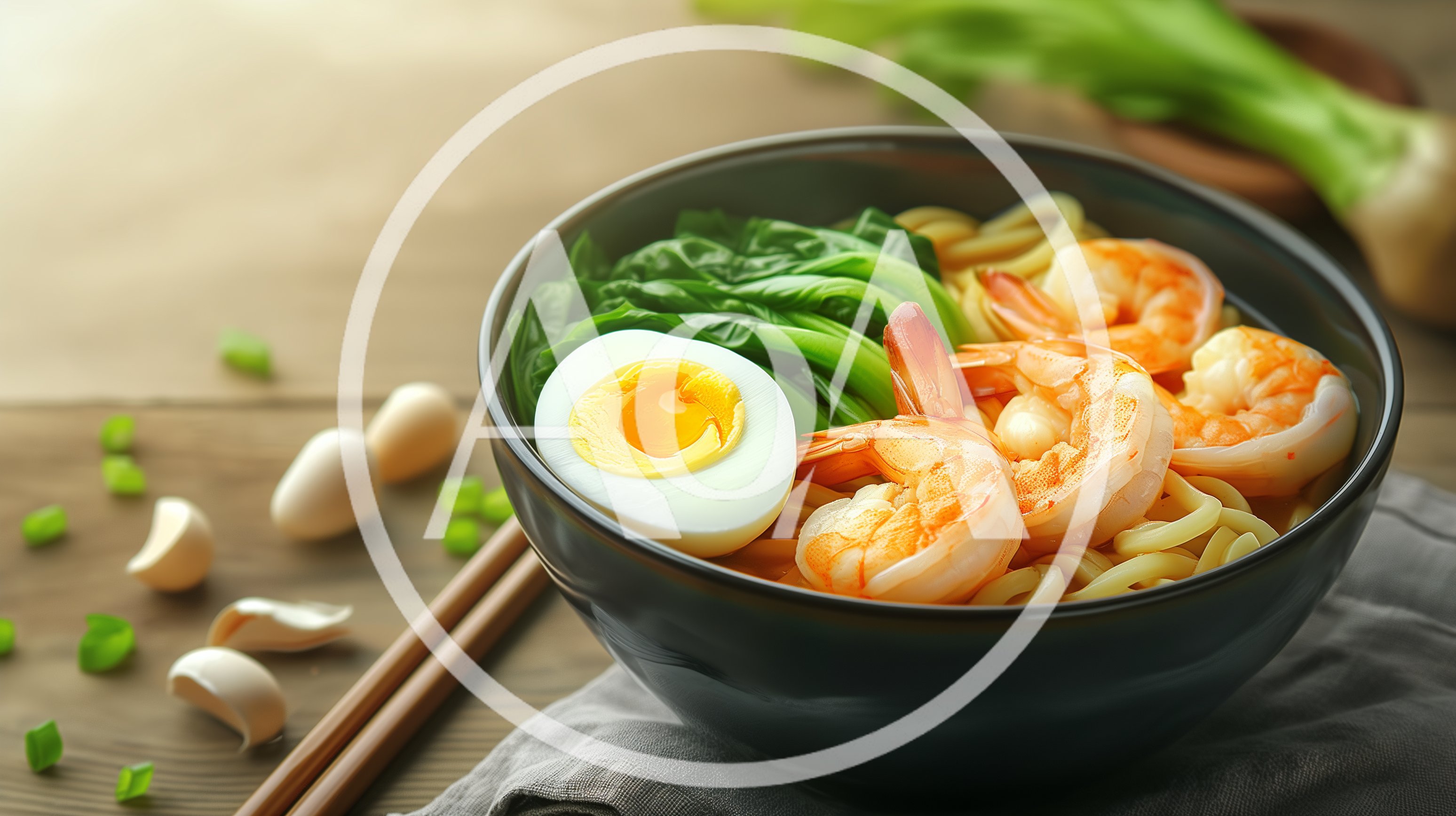 Bowl Of Shrimp Ramen With Egg And Vegetables