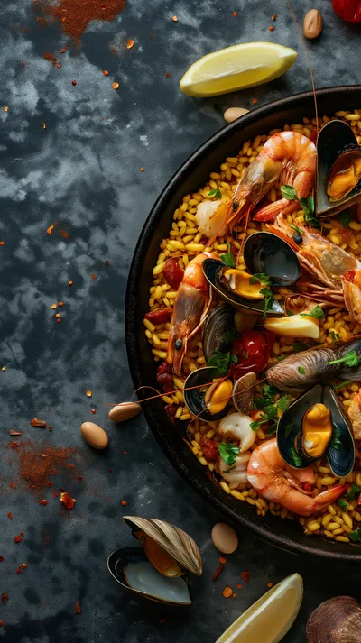 Traditional Spanish Seafood Paella in a Pan