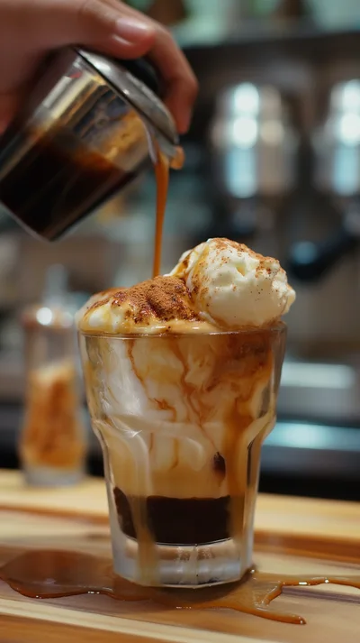 Pouring Espresso Over Vanilla Ice Cream Affogato