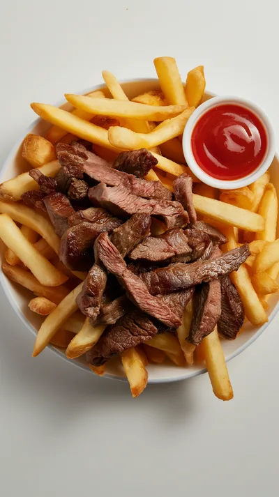 Steak Frites With Ketchup In A White Bowl