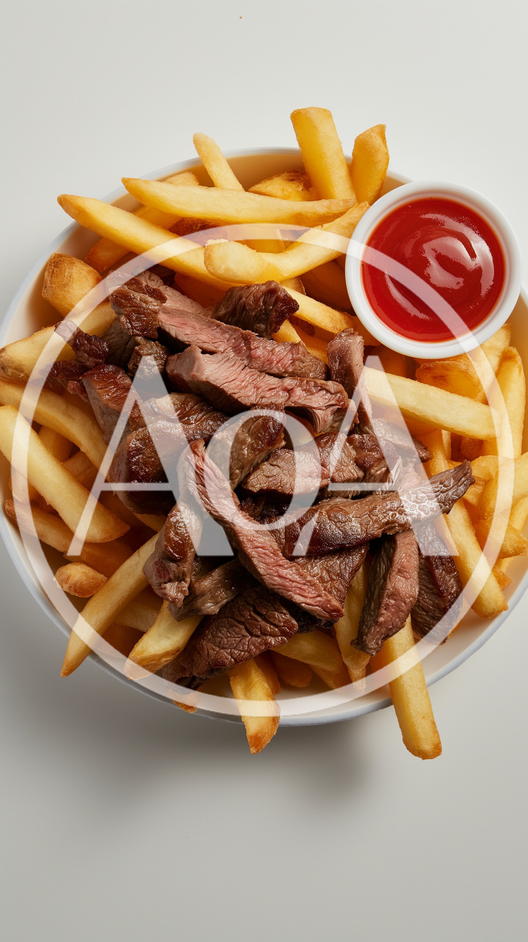 Steak Frites With Ketchup In A White Bowl