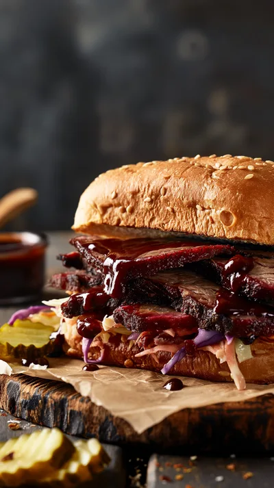 Smoked Beef Brisket Sandwich With Coleslaw And Pickles