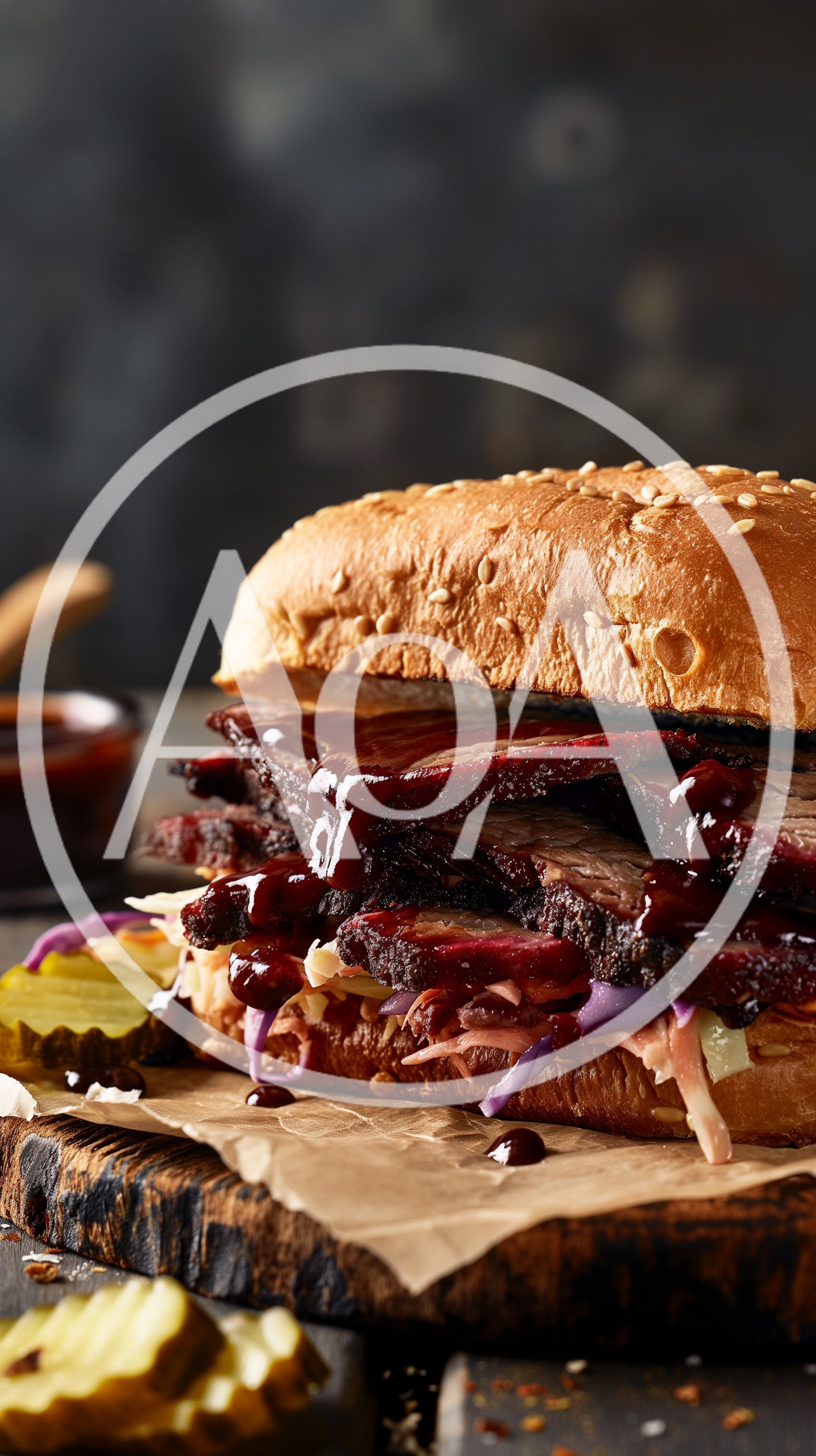 Smoked Beef Brisket Sandwich With Coleslaw And Pickles