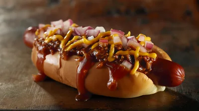Chili Cheese Hot Dog With Diced Red Onions