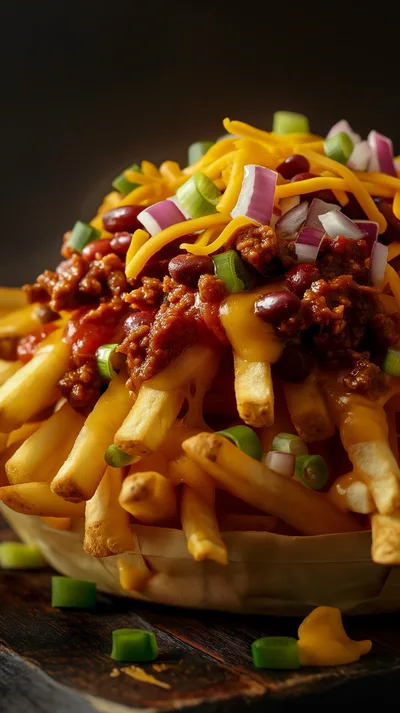 Gourmet Chili Cheese Fries With Toppings