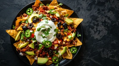Top View Of A Plate Of Loaded Nachos