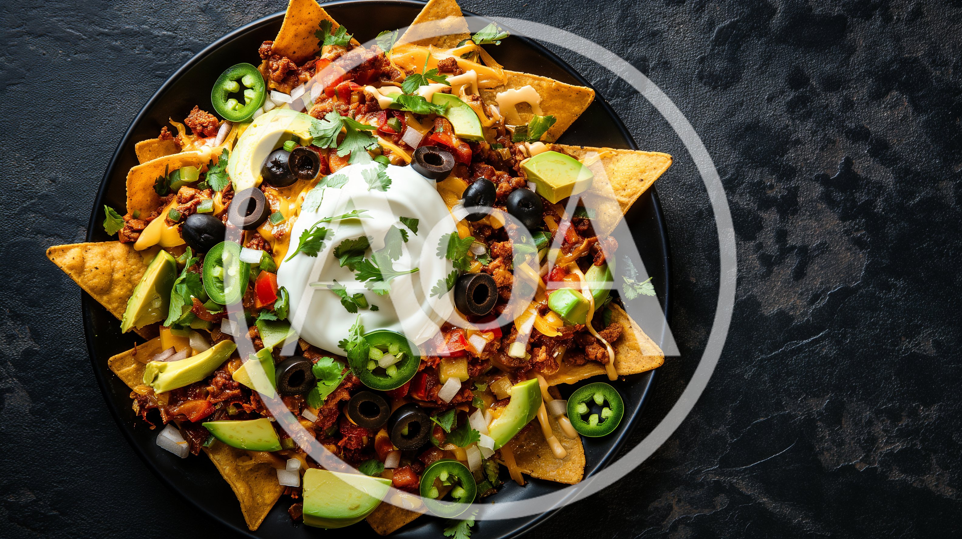 Top View Of A Plate Of Loaded Nachos