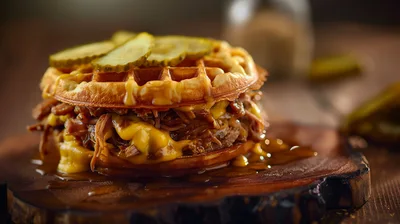 Pulled Pork Waffle Sandwich With Melted Cheese