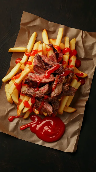 Steak Frites With Ketchup On Brown Paper