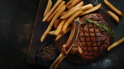 Grilled Tomahawk Steak With French Fries On Wooden Board
