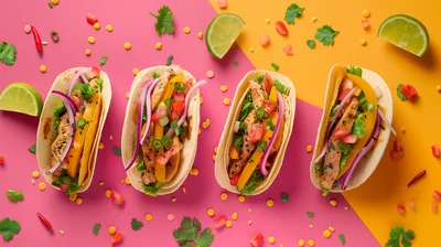 Four Gourmet Chicken Tacos on Vibrant Split Background