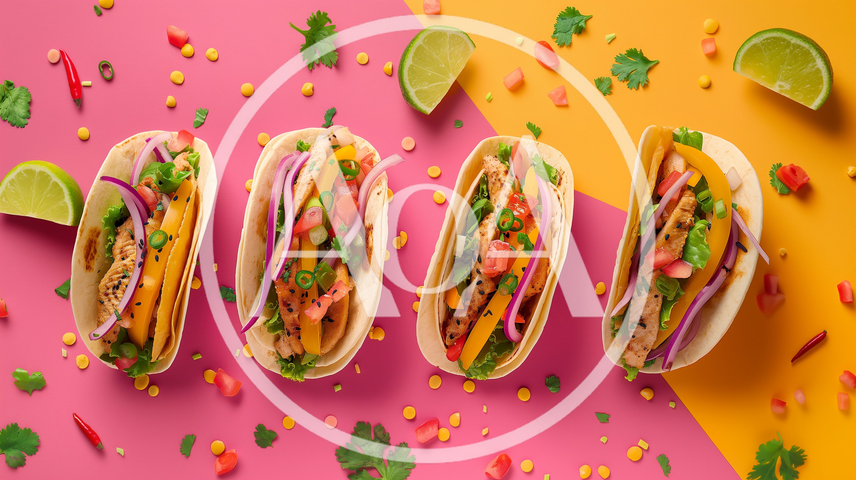 Four Gourmet Chicken Tacos on Vibrant Split Background