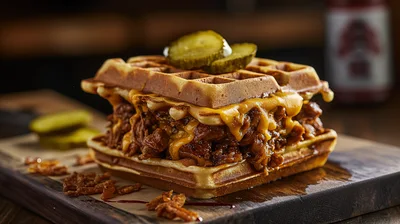 Pulled Pork Waffle Sandwich With Melted Cheese