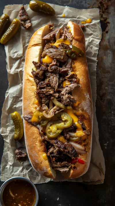 Philly Cheesesteak Sandwich With Jalapenos On Parchment Paper