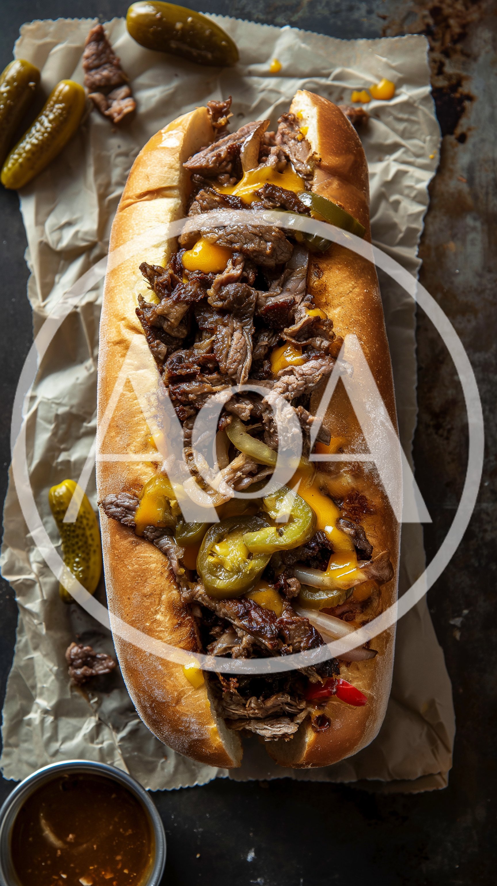 Philly Cheesesteak Sandwich With Jalapenos On Parchment Paper