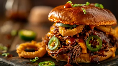 Pulled Pork Sandwich with Onion Rings and Jalapenos