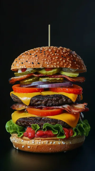 Double Cheeseburger With Bacon And Fresh Vegetables