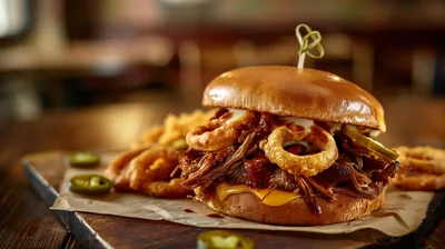 Pulled Pork Sandwich with Onion Rings on Wooden Board