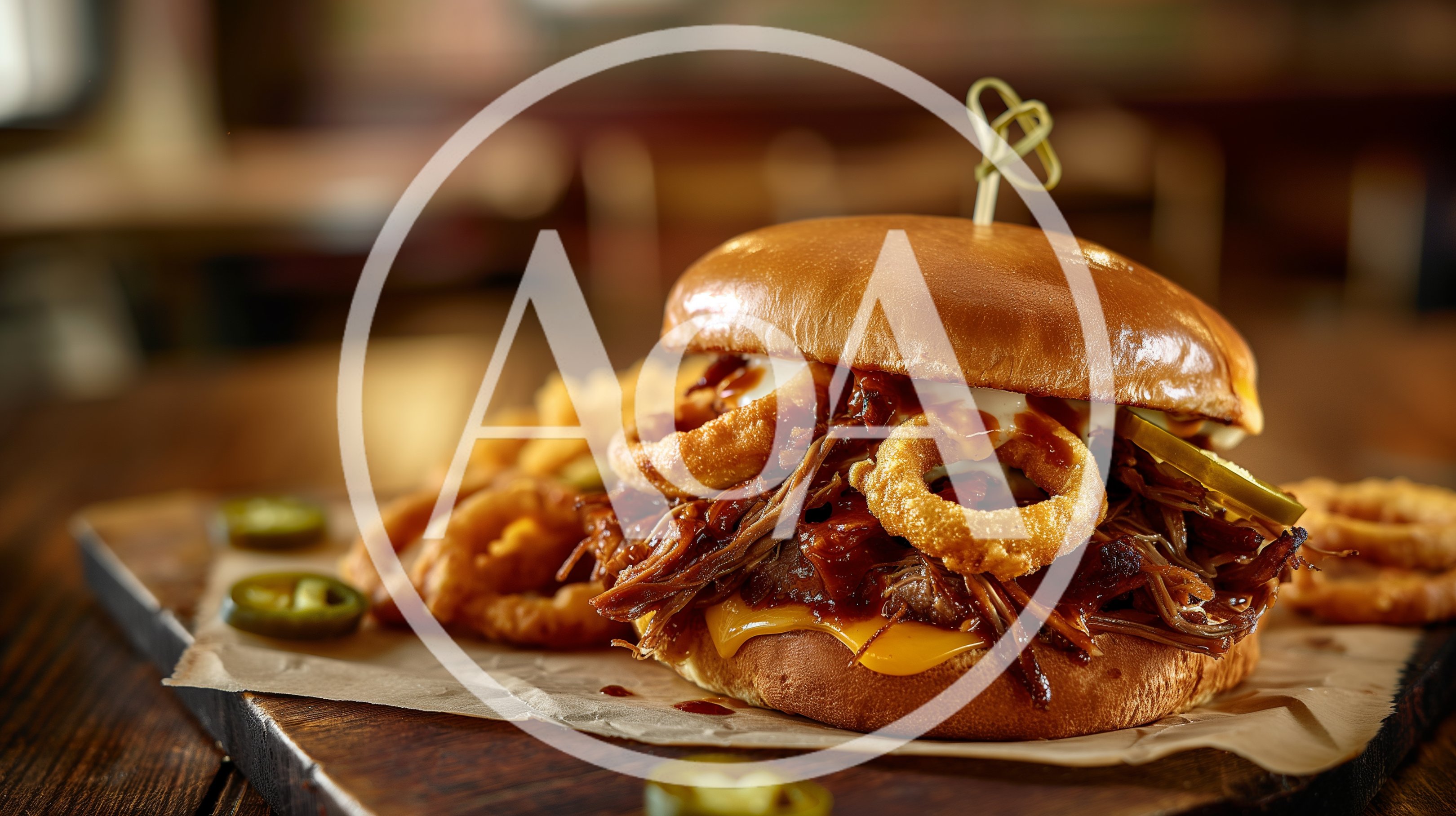Pulled Pork Sandwich with Onion Rings on Wooden Board