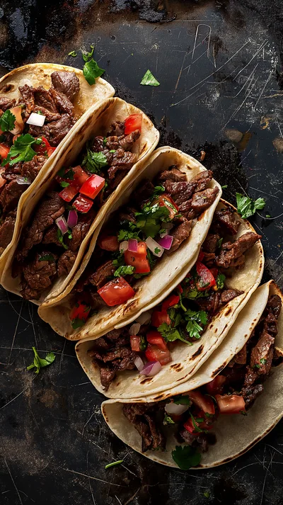 Four Carne Asada Tacos on a Dark Metal Surface
