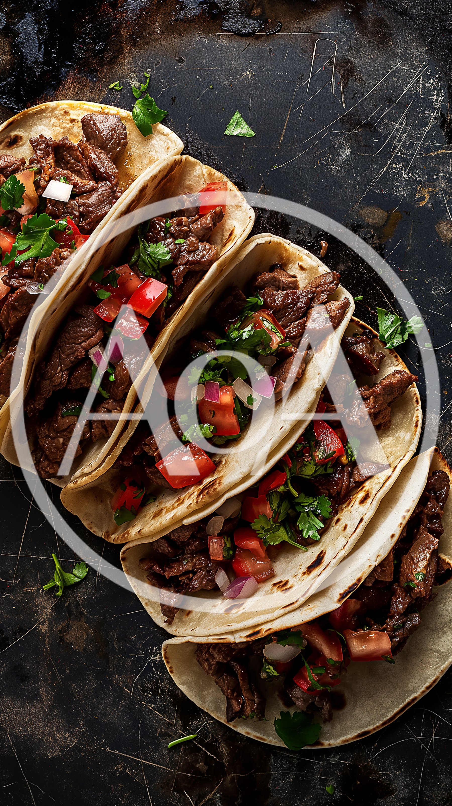 Four Carne Asada Tacos on a Dark Metal Surface