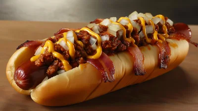 Gourmet Chili Cheese Hot Dog With Bacon