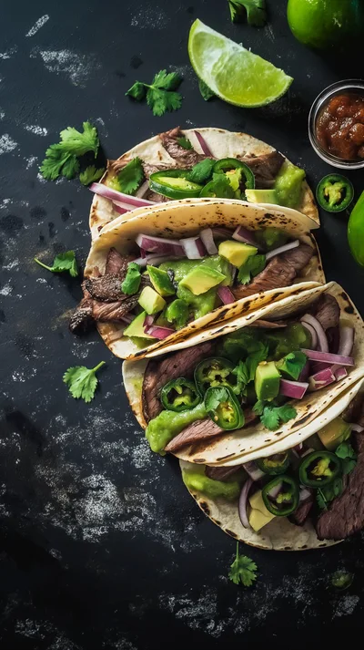Three Gourmet Steak Tacos On A Dark Surface