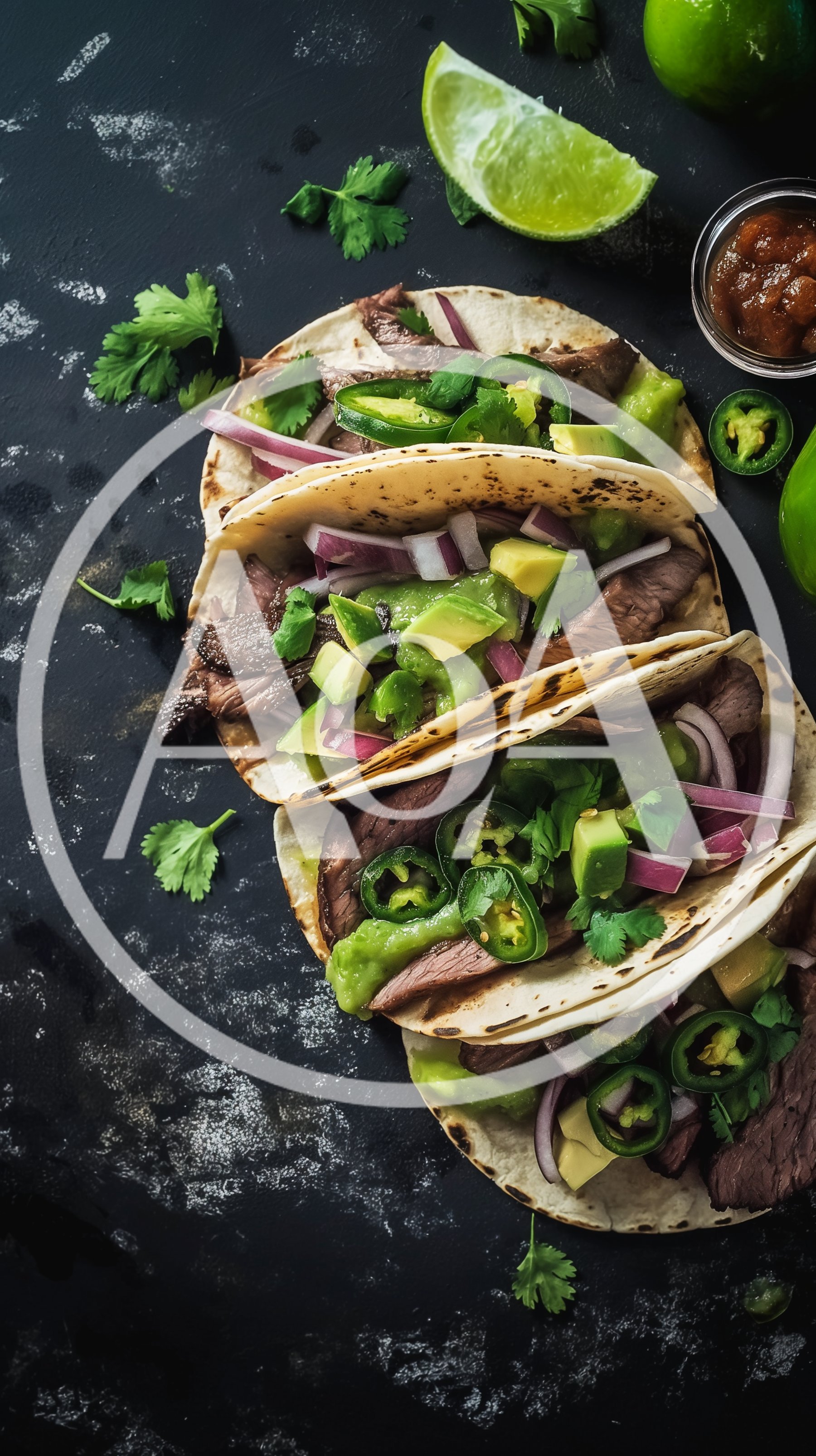 Three Gourmet Steak Tacos On A Dark Surface