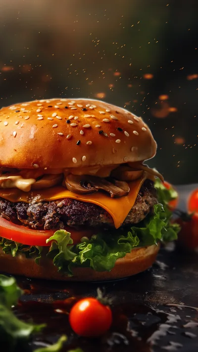 Gourmet Mushroom Cheeseburger With Fresh Lettuce And Tomato