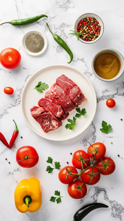 Raw Beef Steaks With Fresh Vegetables And Spices