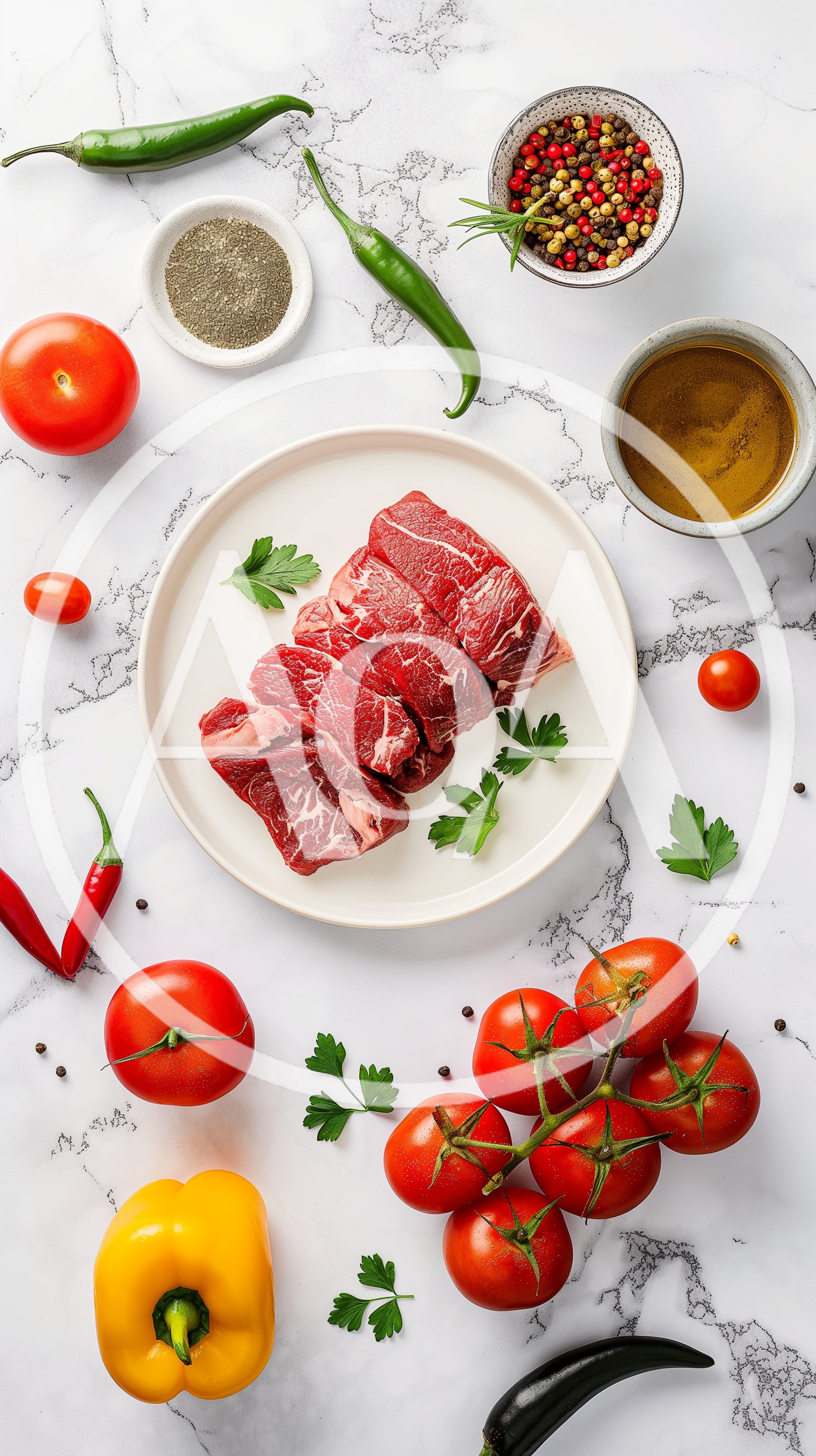 Raw Beef Steaks With Fresh Vegetables And Spices