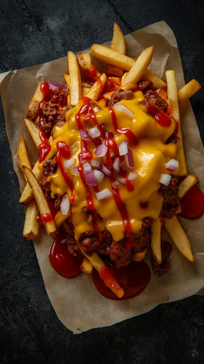 Chili Cheese Fries With Red Onion And Ketchup