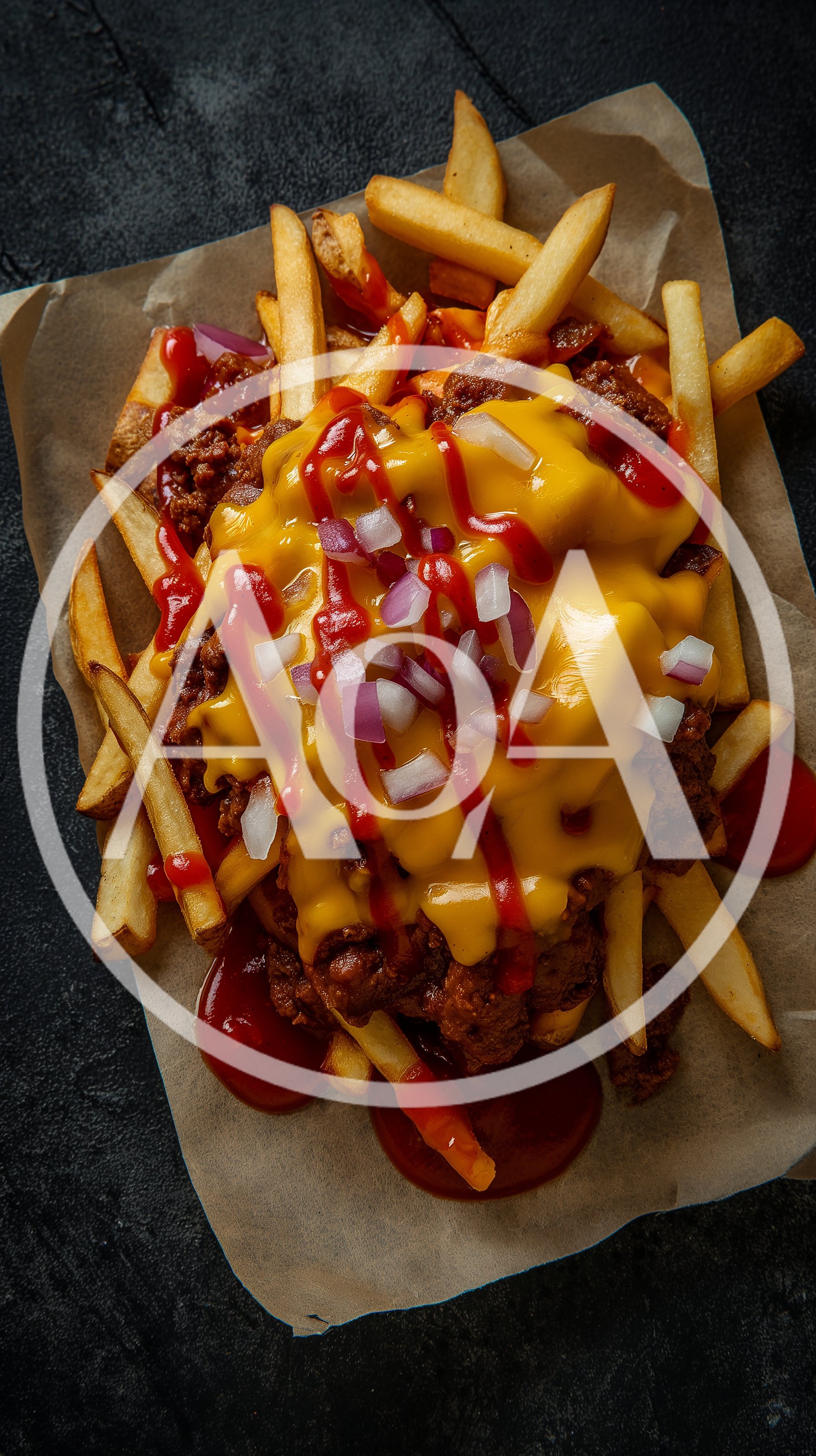 Chili Cheese Fries With Red Onion And Ketchup