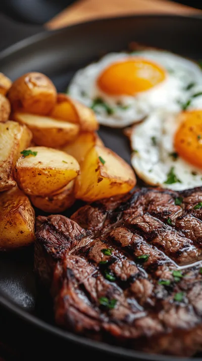 Grilled Steak With Fried Eggs And Roasted Potatoes