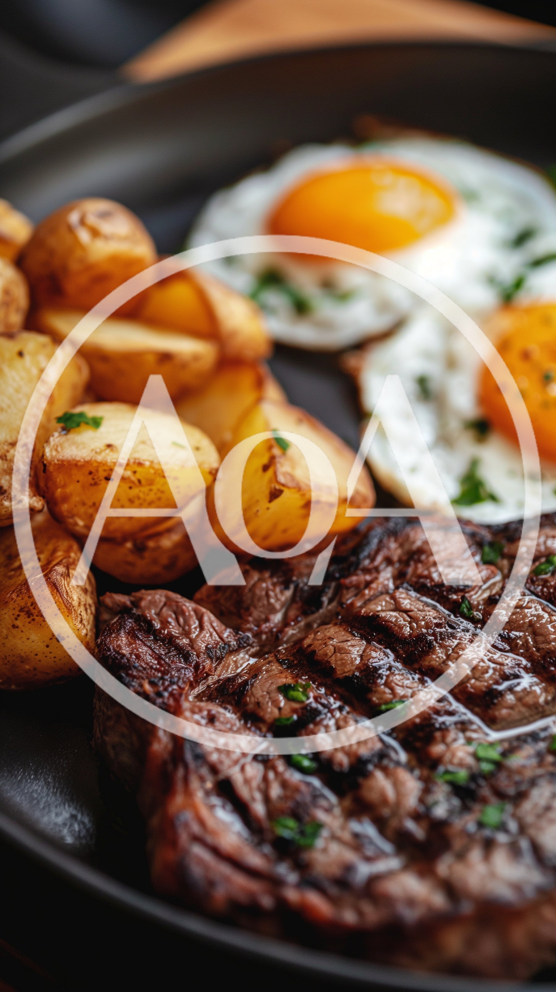 Grilled Steak With Fried Eggs And Roasted Potatoes