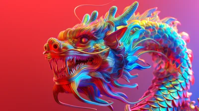 Iridescent Chinese Dragon Head With Vibrant Neon Lighting