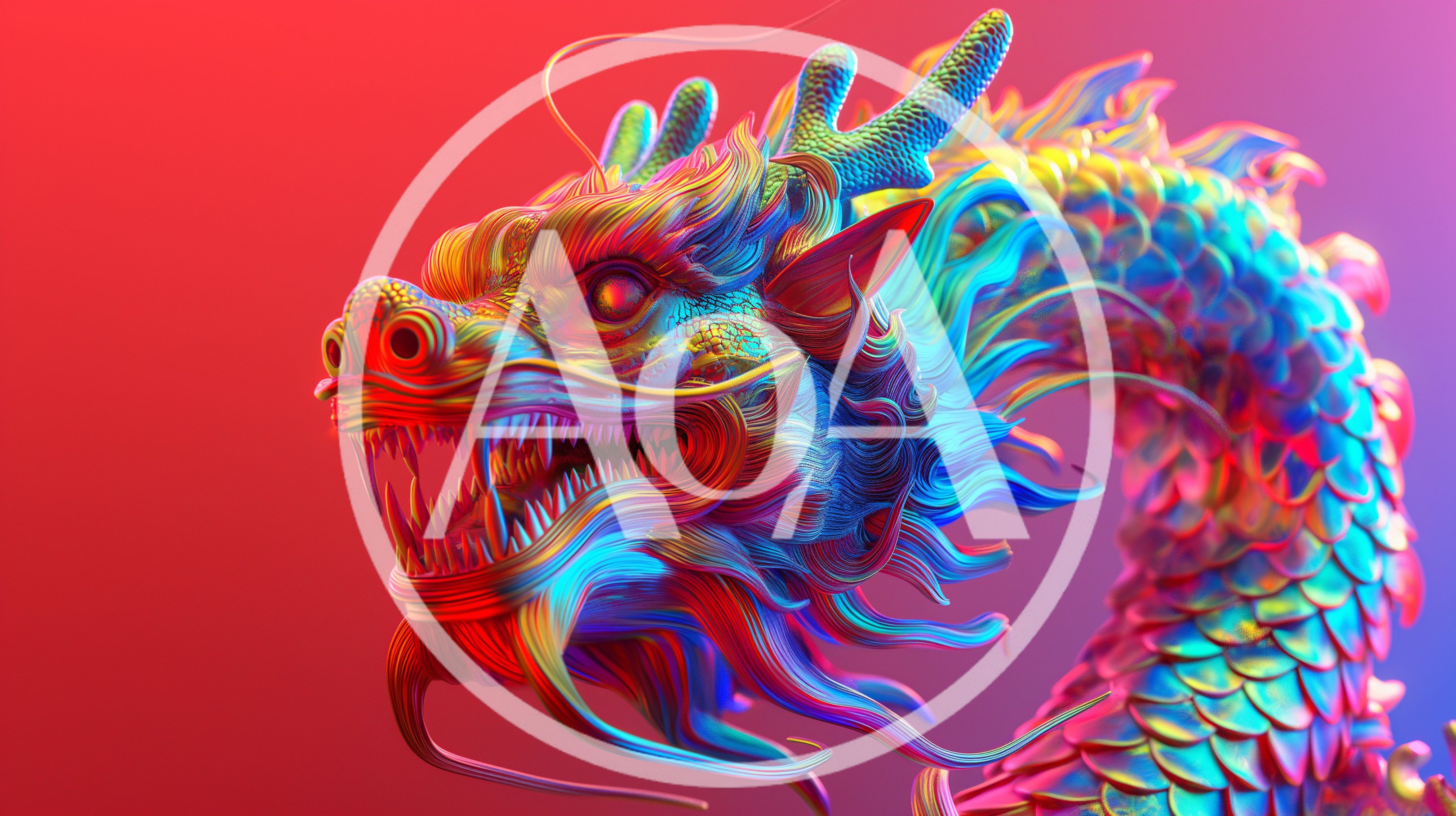 Iridescent Chinese Dragon Head With Vibrant Neon Lighting