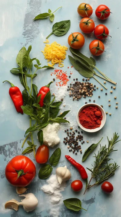 Fresh Culinary Ingredients Arranged on Blue Surface