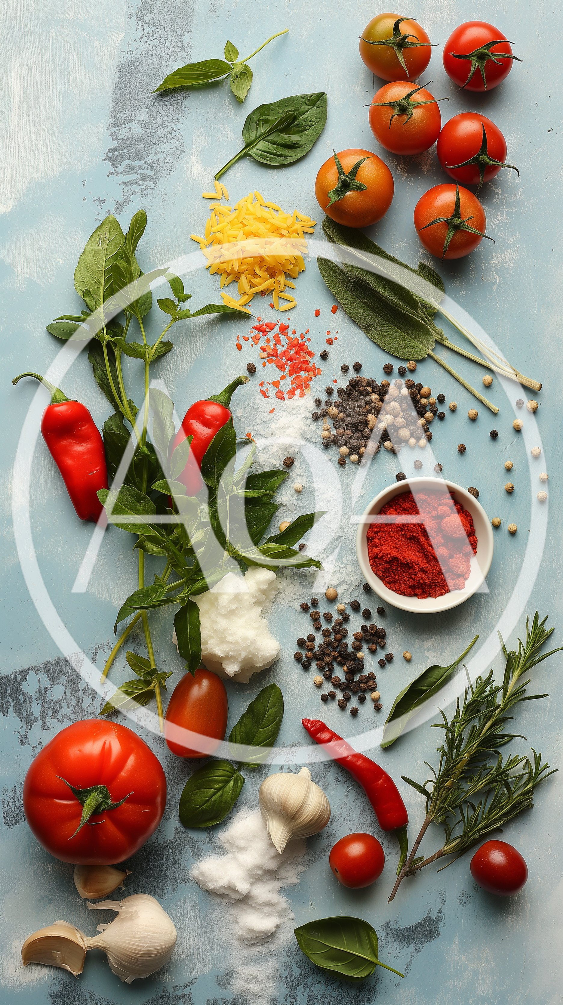 Fresh Culinary Ingredients Arranged on Blue Surface