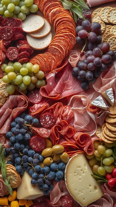 Gourmet Charcuterie Board With Meats Cheeses And Grapes