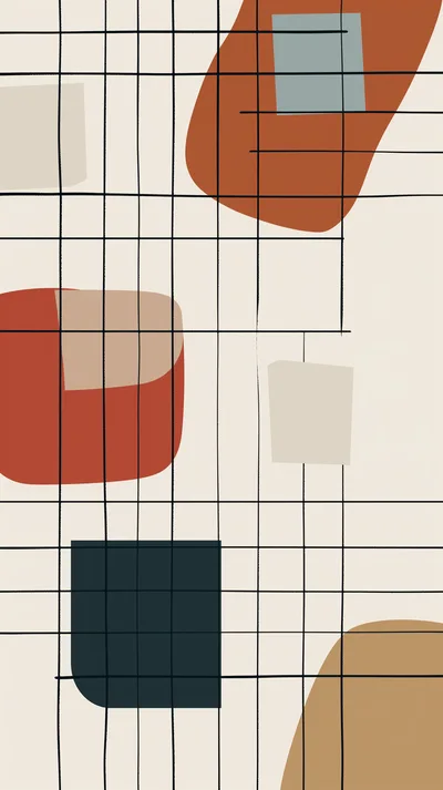 Abstract Geometric Composition With Organic Shapes And Grid Lines