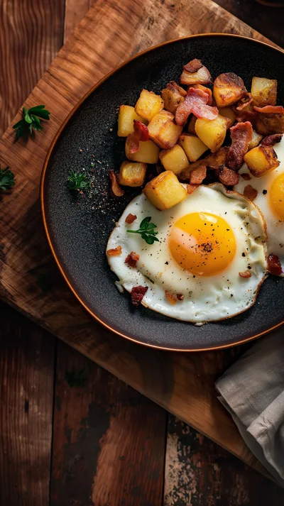 Fried Eggs With Crispy Bacon And Roasted Potatoes