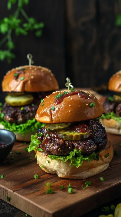 Gourmet Beef Sliders On A Wooden Serving Board