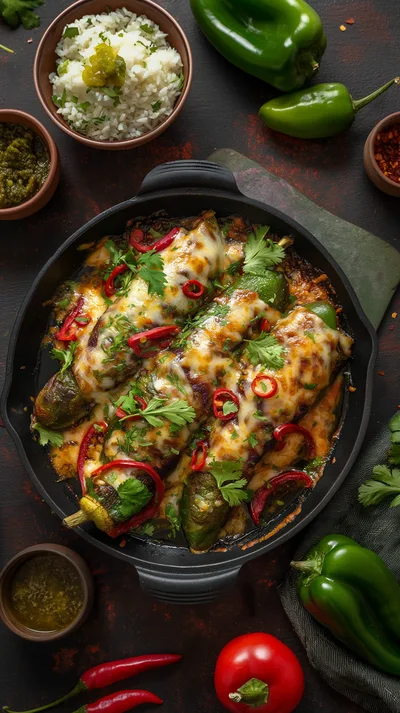 Stuffed Poblano Peppers Baked in Cast Iron Skillet