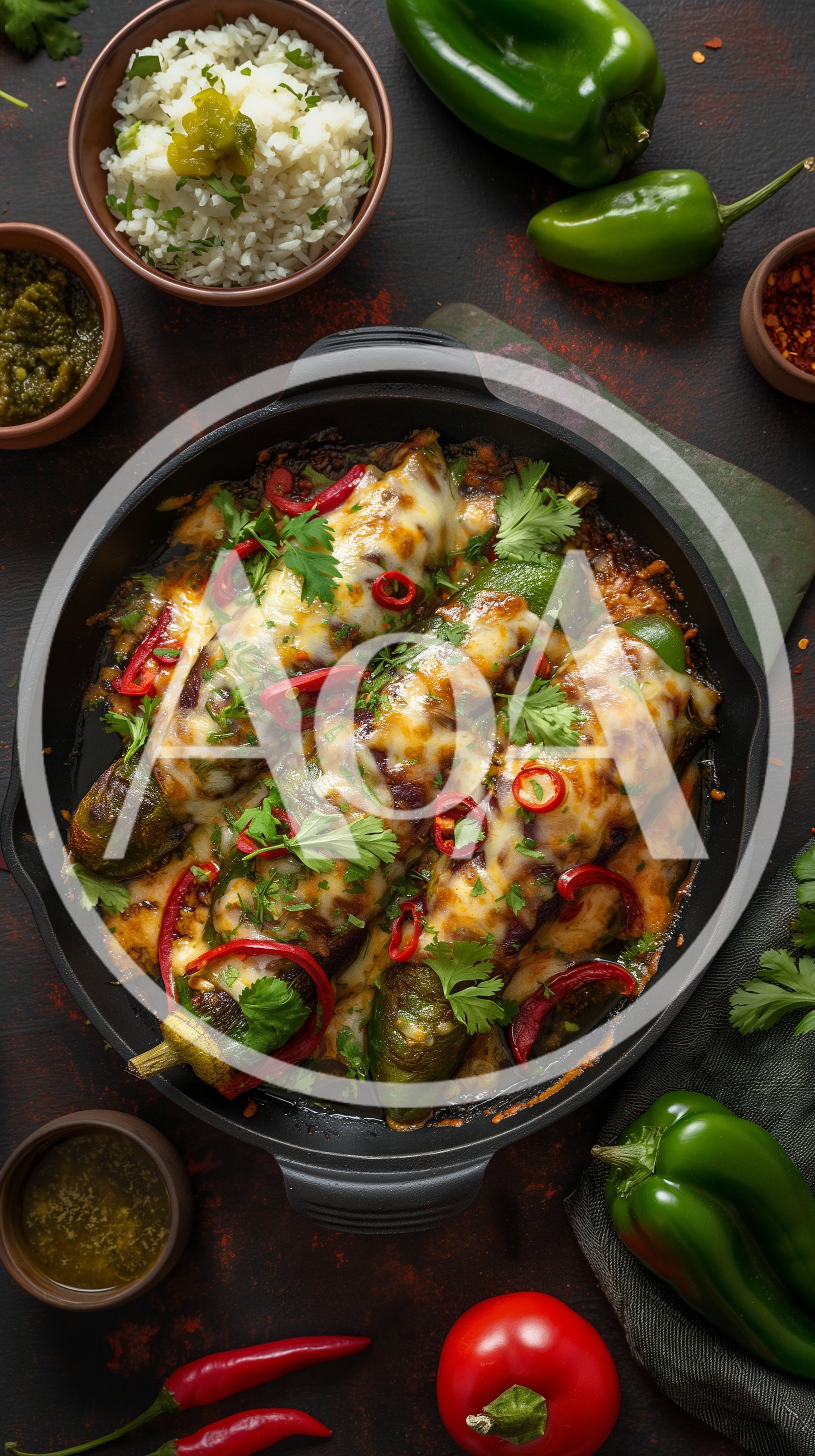 Stuffed Poblano Peppers Baked in Cast Iron Skillet