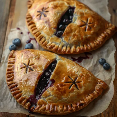 Two Freshly Baked Blueberry Hand Pies On Parchment Paper