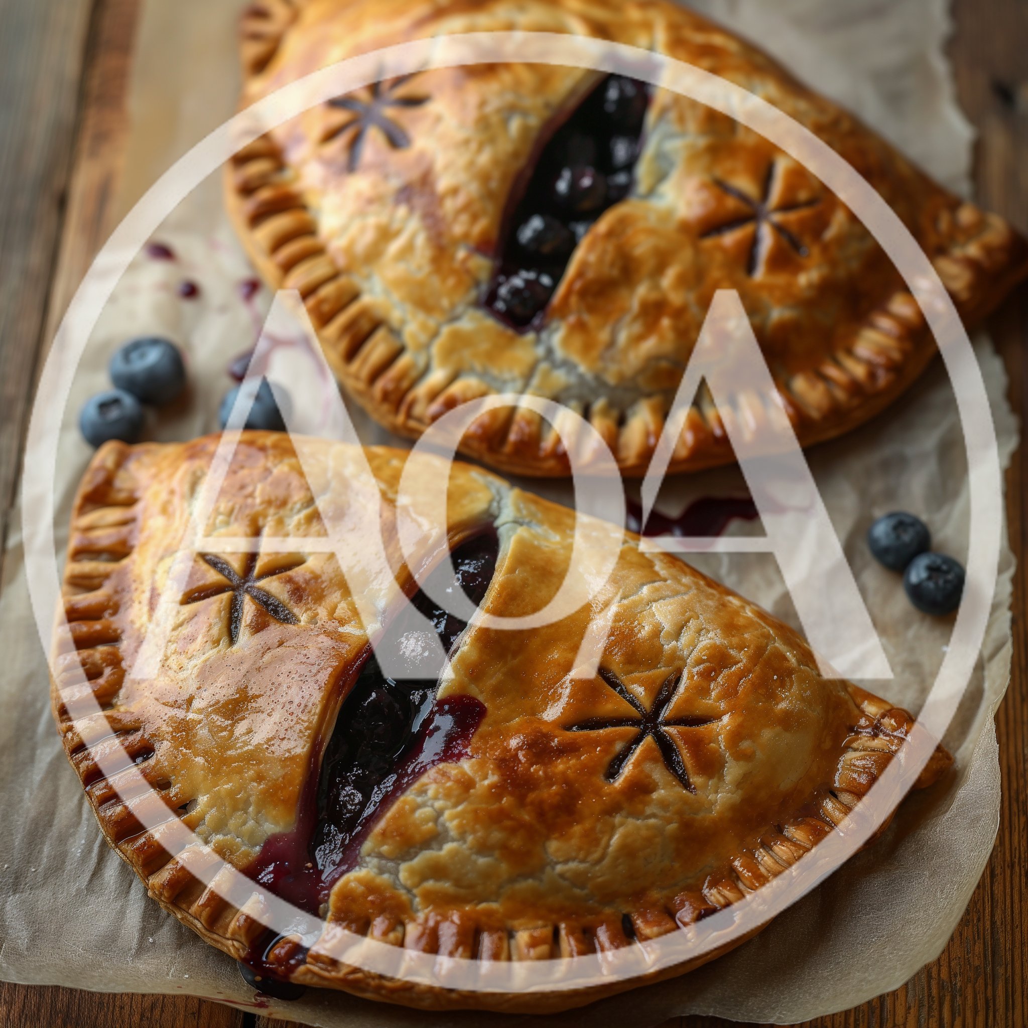 Two Freshly Baked Blueberry Hand Pies On Parchment Paper